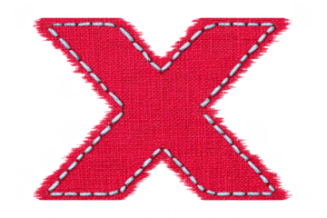 Red fabric letter X with blue stitching, textured textile patch, isolated on transparency background, playful and creative design for crafts, sewing, or decoration projects