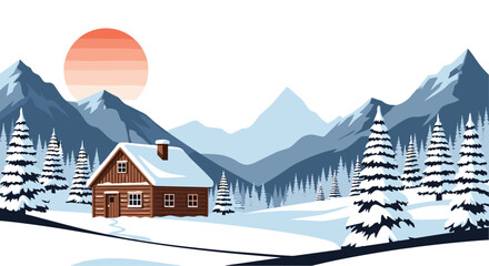 Fototapeta premium Cozy wooden cabin nestled in a snowy mountain landscape during sunset.