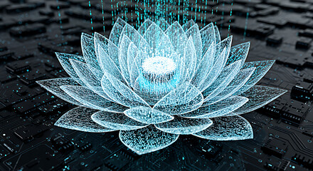 Illuminated crystal lotus flower with glowing center and falling light particles over a dark textured background