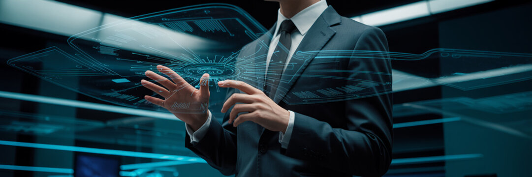 Businessman interacts with a futuristic interface in a modern office setting - Powered by Adobe