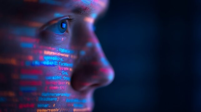 A close-up of a person's face illuminated by colorful coding text, symbolizing technology and programming.