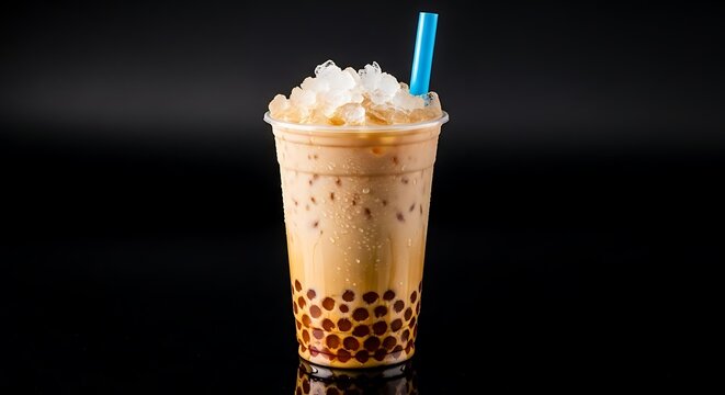 Iced bubble tea with tapioca pearls and crushed ice in cup
