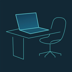 Neon Line Art Laptop Desk Illustration  Modern Tech Workspace Outline Vector