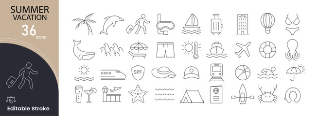 Summer Vacation icons set. Includes icons for beach, travel, sunshine, holiday, relaxation, ocean, luggage, ice cream, palm tree, and outdoor fun. Editable stroke.