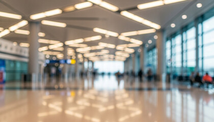 Soft focus captures a large modern terminal filled with warm ceiling lights and subtle silhouettes of people walking toward the bright windows at the far end.