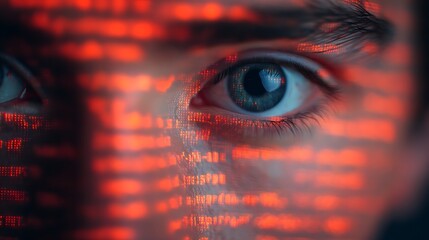 An intense close-up of an eye with digital patterns reflected, symbolizing technology and surveillance.