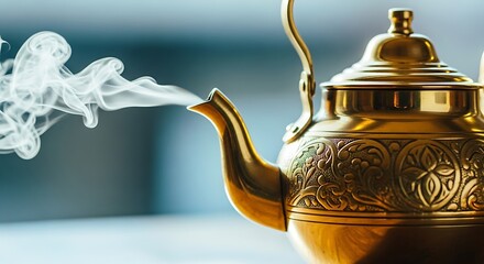 Closeup of a steaming ornate brass teapot pouring hot beverage