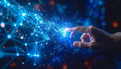 Hand interacting with AI data network visualization in futuristic sett
