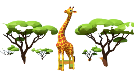 Cartoon giraffe standing tall amongst trees isolated on transparent background