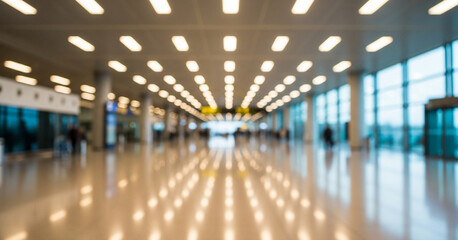 Blurred figures glide through a polished terminal where rows of circular lights guide the eye toward wide glass panels glowing with natural daylight.