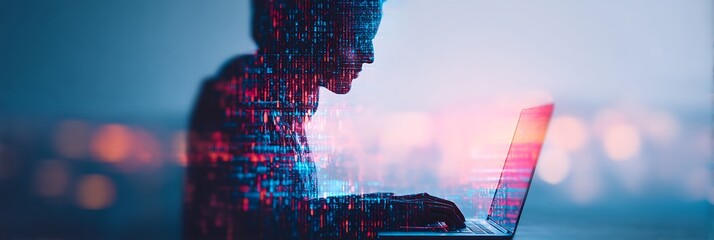 A silhouette of a person working on a laptop, surrounded by a digital overlay of binary code, symbolizing technology and data processing.