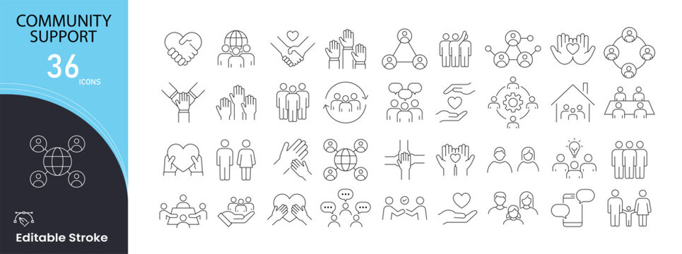 Community Support icons set. Includes icons for help, unity, teamwork, volunteering, donation, care, togetherness, social welfare, assistance, and collaboration. Editable stroke.