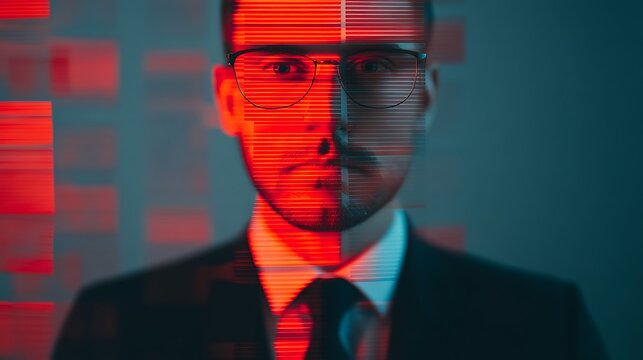 A digitally altered image of a man in formal attire with glasses, featuring a split-face design, combining elements of technology and modern aesthetics.