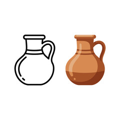 Rustic ceramic jug outline and flat color vector art illustration