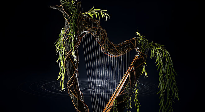 Mysterious creature covered in glowing green moss and vines with sharp teeth and glowing eyes on a dark background