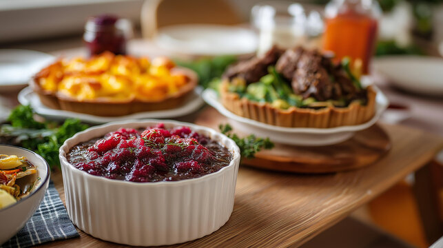 Seasonal holiday meal surface with appetizing cuisine defocused thanksgiving background festive dinner celebration traditional food display gratitude feast arrangement autumn