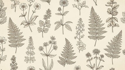 Botanical Engraving Pattern - A Detailed Study of Ferns and Flowers.