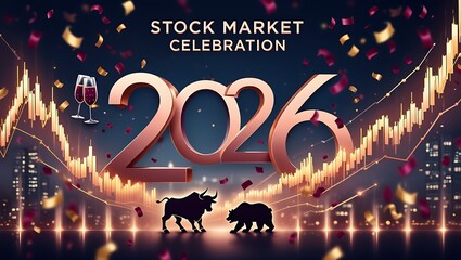 A vibrant celebration of the stock market in 2026, with confetti, wine, and symbolic bull and bear figures, set against a backdrop of financial charts