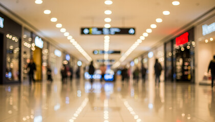 Blurred figures walk past illuminated retail displays in a modern shopping mall filled with warm ceiling lights and vibrant signs guiding visitors forward.