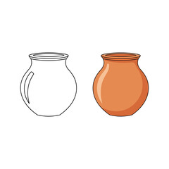 Clay pot outline and colored terracotta vase vector illustration