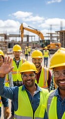 Construction crew waving at camera on sunny day near heavy machinery