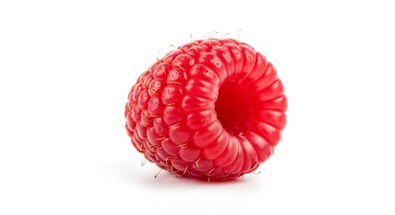 Single red raspberry with hollow center isolated on white background
