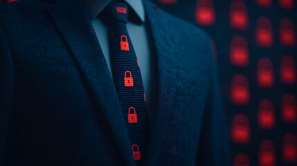 A suited figure with a tie featuring padlock designs stands against a background of red locks, symbolizing security and protection.