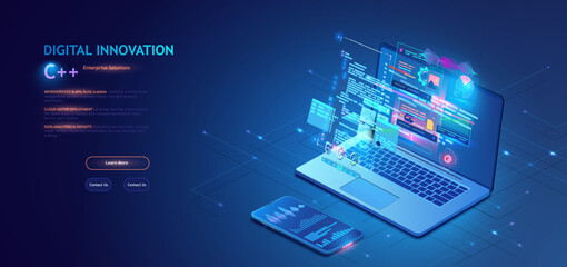 Digital workspace concept with laptop, mobile phone and glowing isometric data elements. Application of Smartphone with business graph and analytics data on isometric mobile phone. Analysis trends 