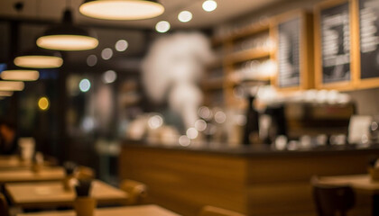 Warm lighting fills the cozy café interior, with soft bokeh shaping a calm and inviting atmosphere where blurred tables, shelves, and menu boards blend into a gentle evening glow.✅ DESCRIPTION 2