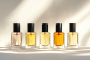 Elegant perfume bottles in warm sunlight showcase a modern fragrance collection, perfect for beauty, lifestyle, and luxury branding campaigns with a fresh scent