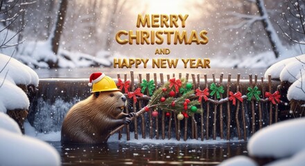 Merry Christmas from the Beaver Dam - A festive beaver wearing a construction hat decorates its dam with Christmas bows and ornaments in a snowy winter wonderland setting