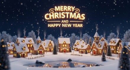 Merry Christmas Village Scene - Festive village scene with snow covered houses and holiday lights. Christmas and New Year greeting above the winter landscape
