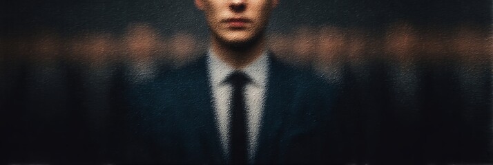 A blurred image of a man in a suit, surrounded by indistinct figures, conveying a sense of anonymity and mystery.