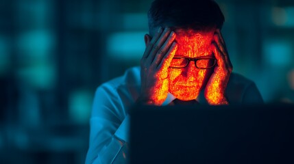 A stressed individual sits at a computer, hands on head, illuminated by a glowing digital effect, symbolizing anxiety and information overload.
