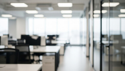 Soft focus enhances the airy feel of the open office, where bright ceilings, large windows, and streamlined desks contribute to a sense of clarity and modern professional design.