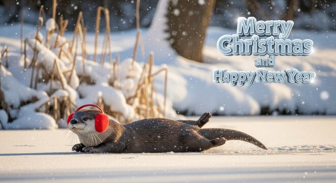 Otter Winter Holiday Season - Otter with earmuffs sliding on ice during winter. Merry Christmas and Happy New Year text overlay - Powered by Adobe