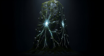 Abstract futuristic metallic sculpture with glowing blue lights in dark mysterious environment