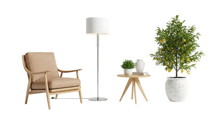 Elegant interior design featuring armchair floor lamp table and plant isolated on transparent background