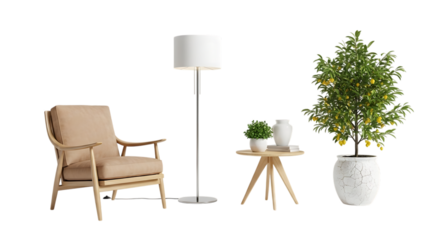 Elegant interior design featuring armchair floor lamp table and plant isolated on transparent background