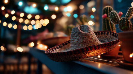 Celebration headwear botanical element evening illumination defocused fiesta background sombrero cactus night lights cultural party scene festive decoration display