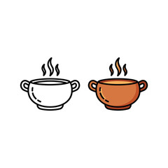 Steaming food bowl icon set, line art and filled style designs