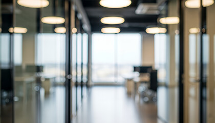 Clean architectural lines and softly diffused light shape a minimalist office passageway, with frosted glass partitions and warm ceiling lights contributing to a peaceful modern environment.