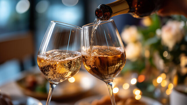 Bubbly wine vessels touching with liquid splash defocused festive background celebration dinner event bokeh lighting scene champagne clinking moment special occasion
