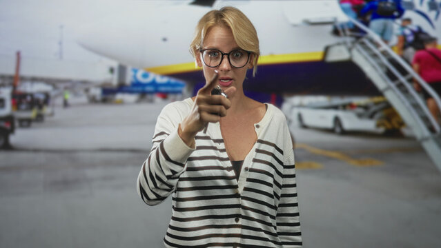 Woman points thumb at airplane on airport tarmac, wearing glasses and striped sweater while gesturing toward boarding stairs; uncertainty direction.