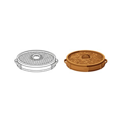 Traditional bamboo steamer lid, outline and color vector art