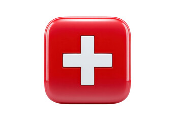 Red square button with white cross symbol glossy 3D icon medical emergency sign healthcare hospital first aid isolated on transparent background modern design