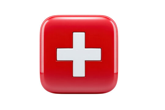 Red square button with white cross symbol glossy 3D icon medical emergency sign healthcare hospital first aid isolated on transparent background modern design