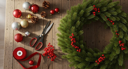 DIY Christmas Wreath Decoration with Ornaments, Pinecones, and Berries on a Wooden Table
