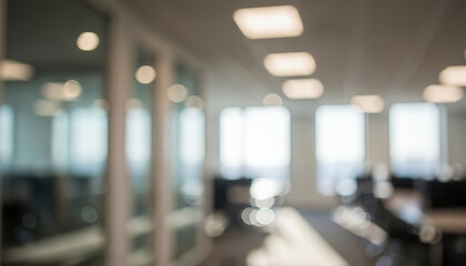 Warm afternoon tones soften the blurred office interior, where frosted glass walls and overhead lights create a serene environment that suggests the close of a productive day.