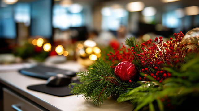 Workplace decorated for yuletide season defocused warm illuminated office atmospheric holiday setting decorated evergreen centerpiece radiating joy display festive business